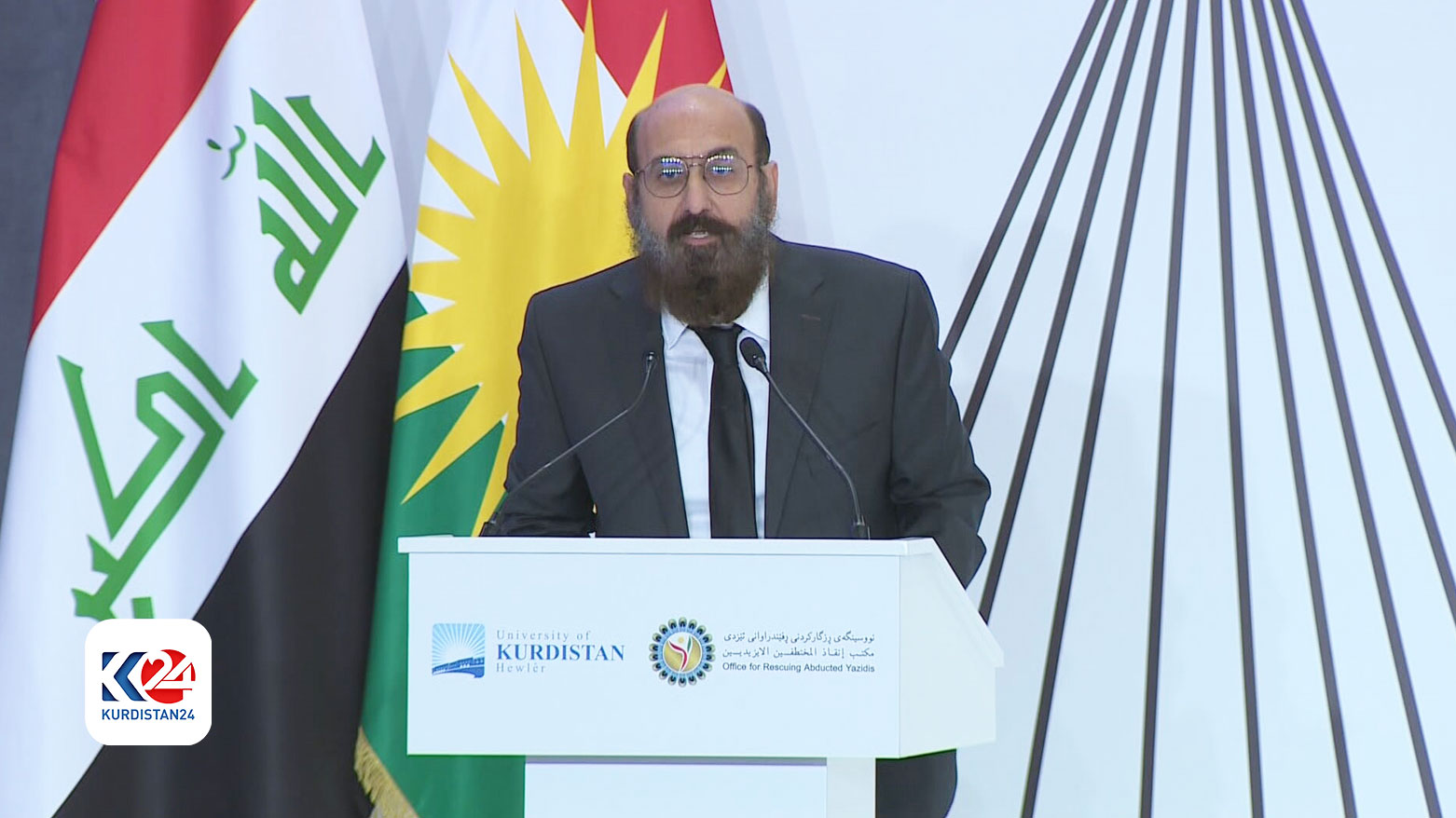 Mir Hazim Tahsin Beg, the Mir of the Yezidis, delivered a speech on the 10th Anniversary of Sinjar Genocide. (Photo: Kurdistan24)