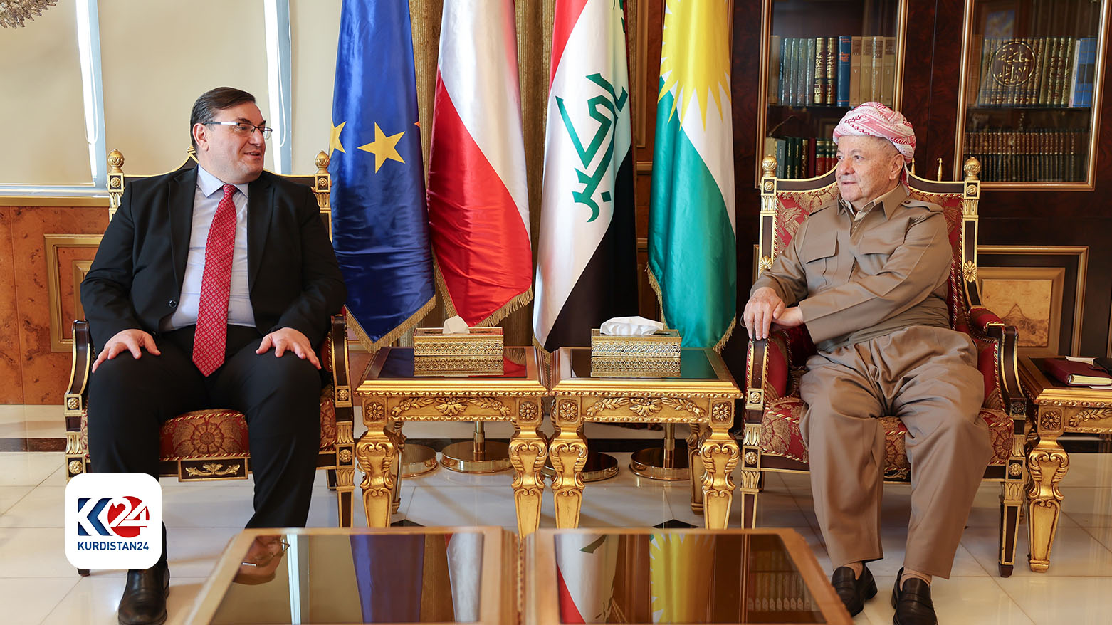 KDP President Masoud Barzani (right) during his meeting with Austrian Ambassador to Iraq Andrea Nasi, Aug. 4, 2024. (Photo: Barzani Headquarters)