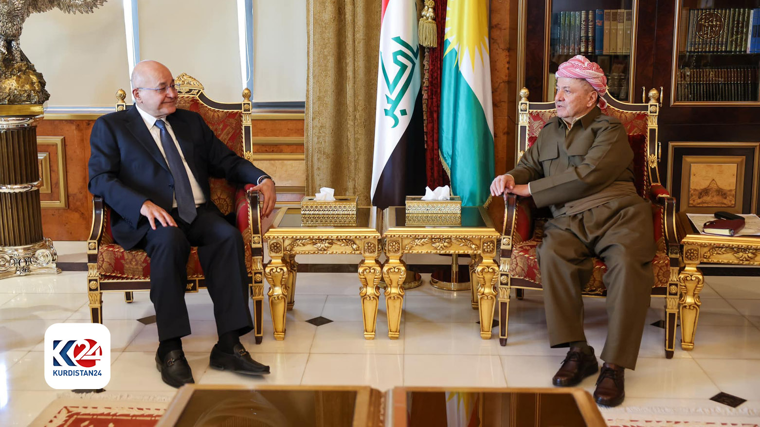 President Masoud Barzani (right) during his meeting with former Iraqi President Barham Salih, Dec. 15, 2024. (Photo: Barzani Headquarters)