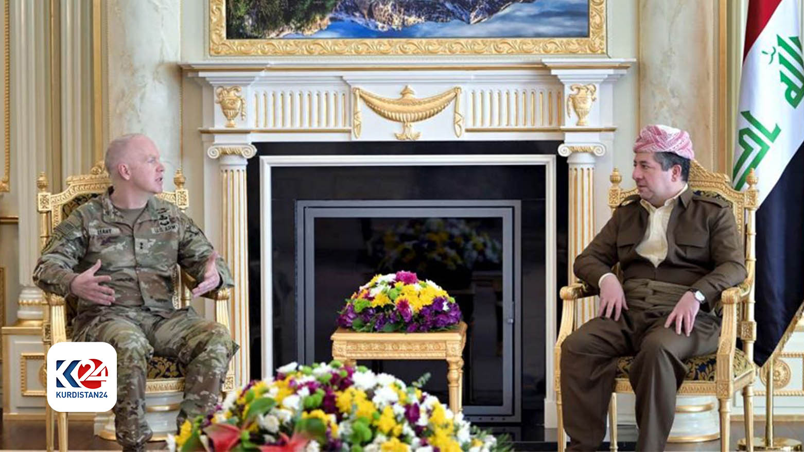 Kurdistan Region Prime Minister Masrour Barzani (right), during his meeting with General Kevin Leahy, Commander of CJTF-OIR in Iraq and Syria, Dec. 17, 2024. (Photo: KRG)