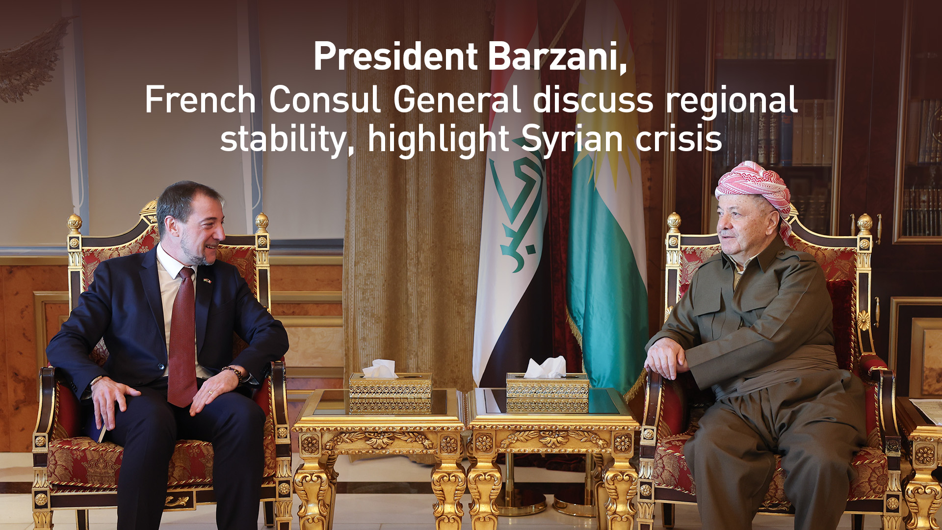 President Masoud Barzani (right) during his meeting with the French Consul General in Erbil, Yann Braem, Dec. 19, 2024. (Photo: Barzani Headquarters)