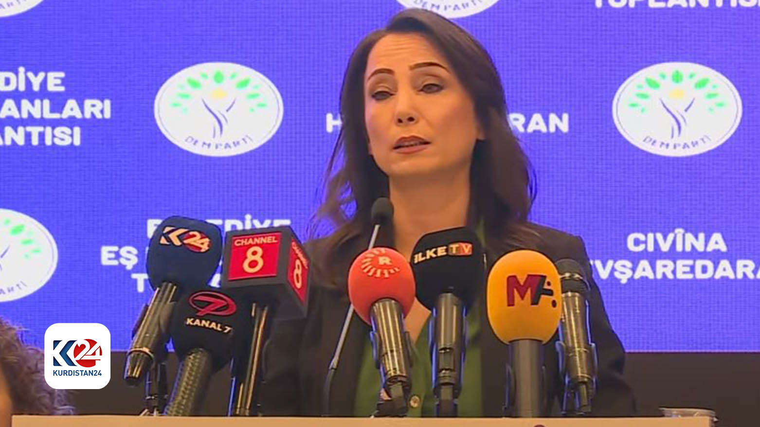 Tülay Hatimoğulları, Co-Chair of the Peoples' Equality and Democracy Party, speaking at the press conference, Dec. 25, 2024. (Photo: Kurdistan24)