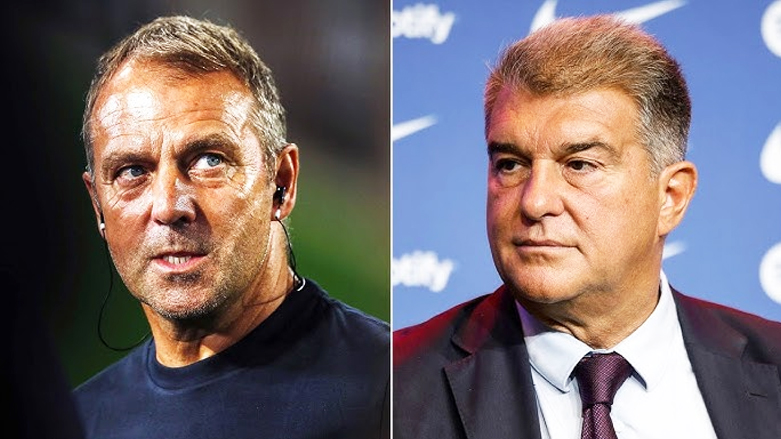 خوان لاپۆرتا سەرۆكی یانەی بارسێلۆنا لەگەڵ هانزی فلیك راهێنەری یانەكە