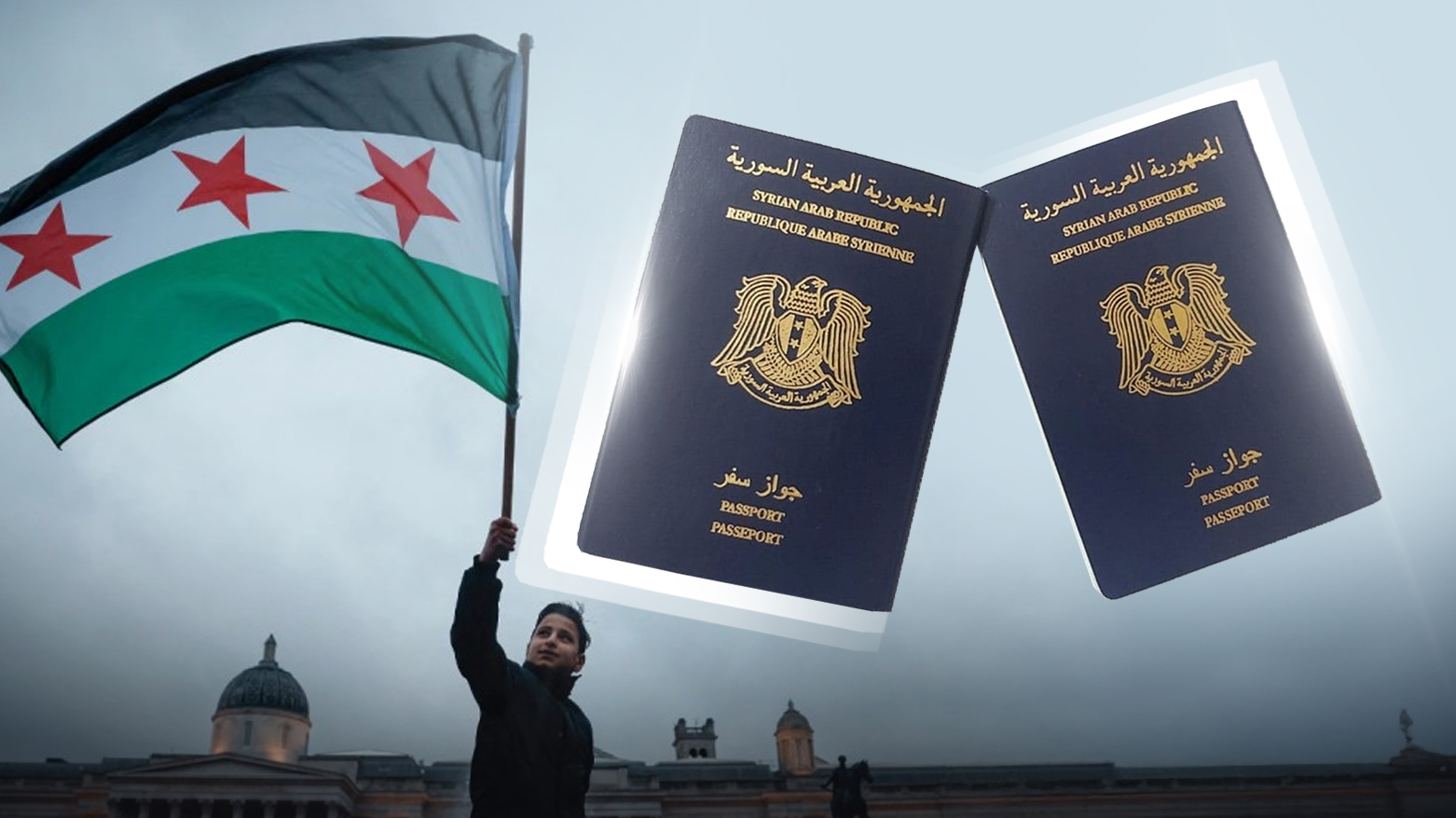 Syrian passport, and the flag of the Syrian transitional government. (Graphic: Designed by Kurdistan24)