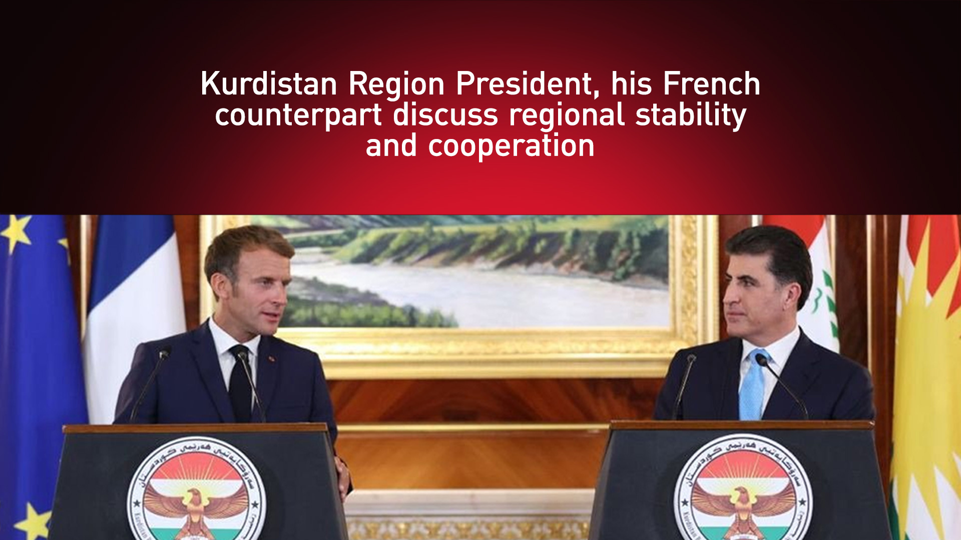 Nechirvan Barzani (Right), President of Kurdistan Region, with French President Emmanuel Macron, during the press conference, Aug. 29, 2021. (Photo: Kurdistan24)