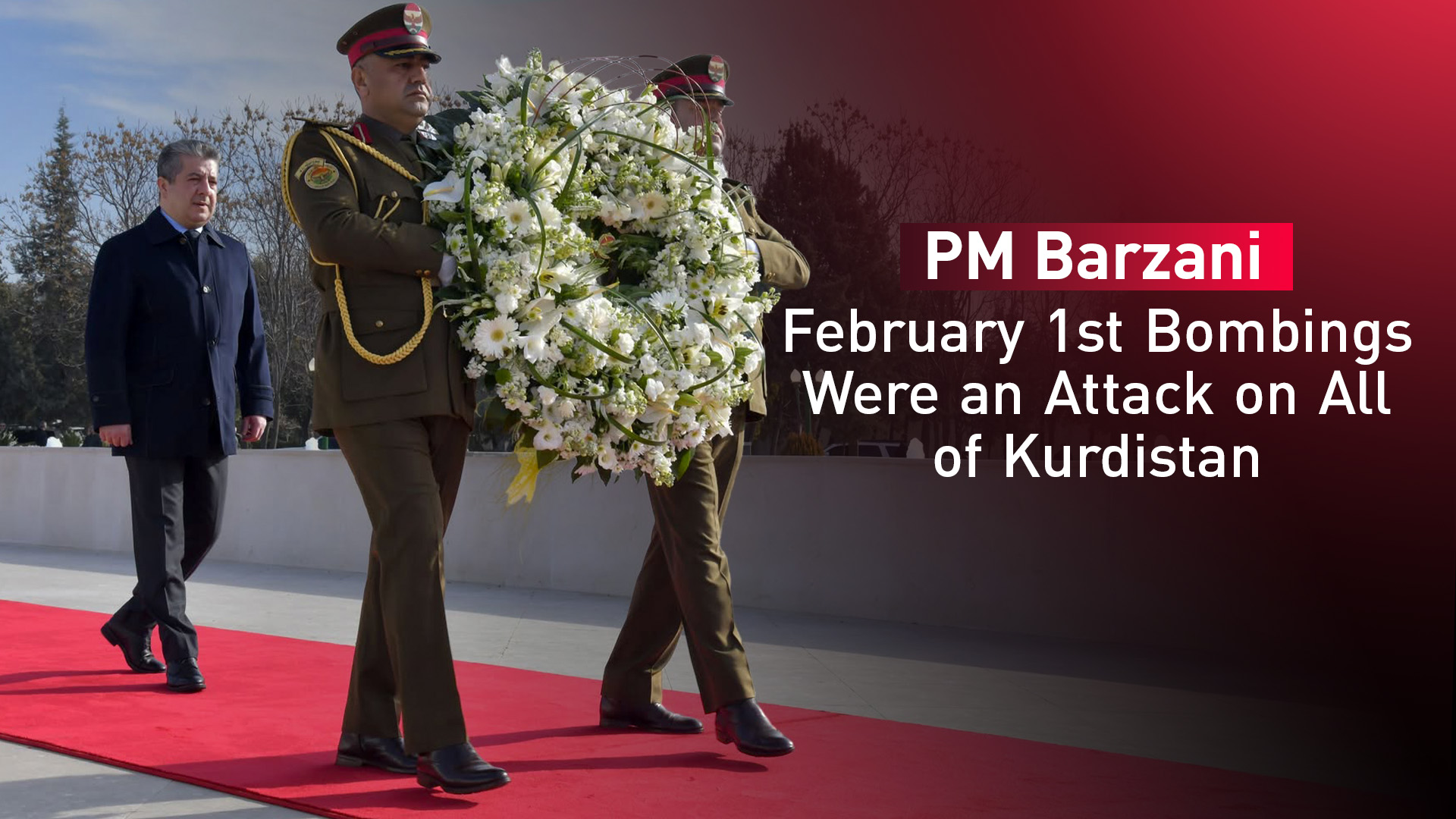 PM Masrour Barzani solemnly laid a flower wreath during the ceremony honoring the Feb. 1 Martyrs, paying tribute to their enduring sacrifice and valor. (Photo: Kurdistan24)