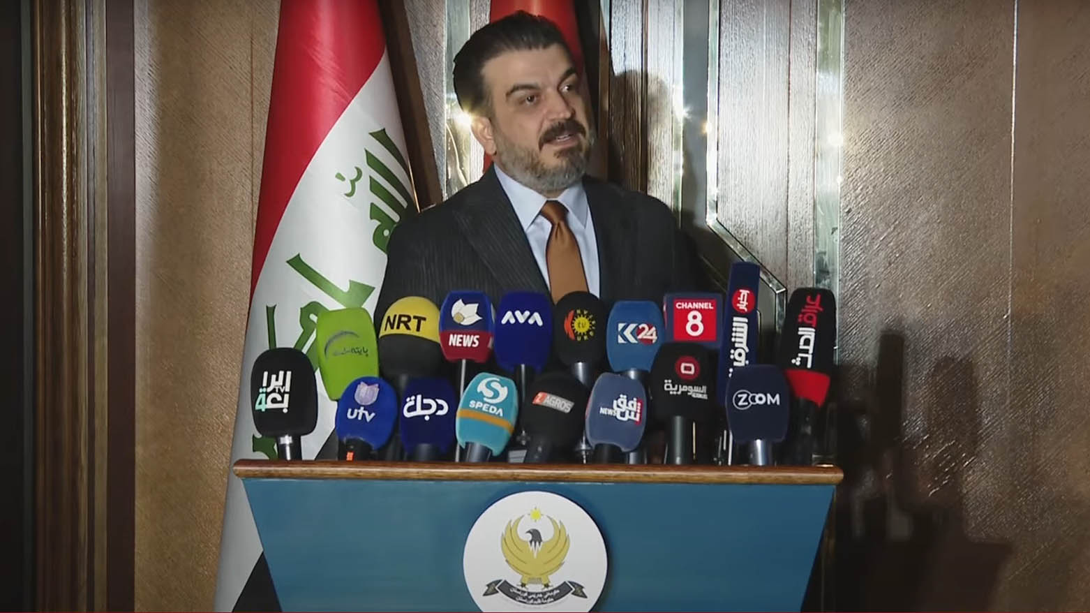 The Kurdistan Regional Government (KRG) spokesperson, Peshawa Hawramani, speaking at the presser, Feb. 2, 2025. (Photo: Kurdistan24)