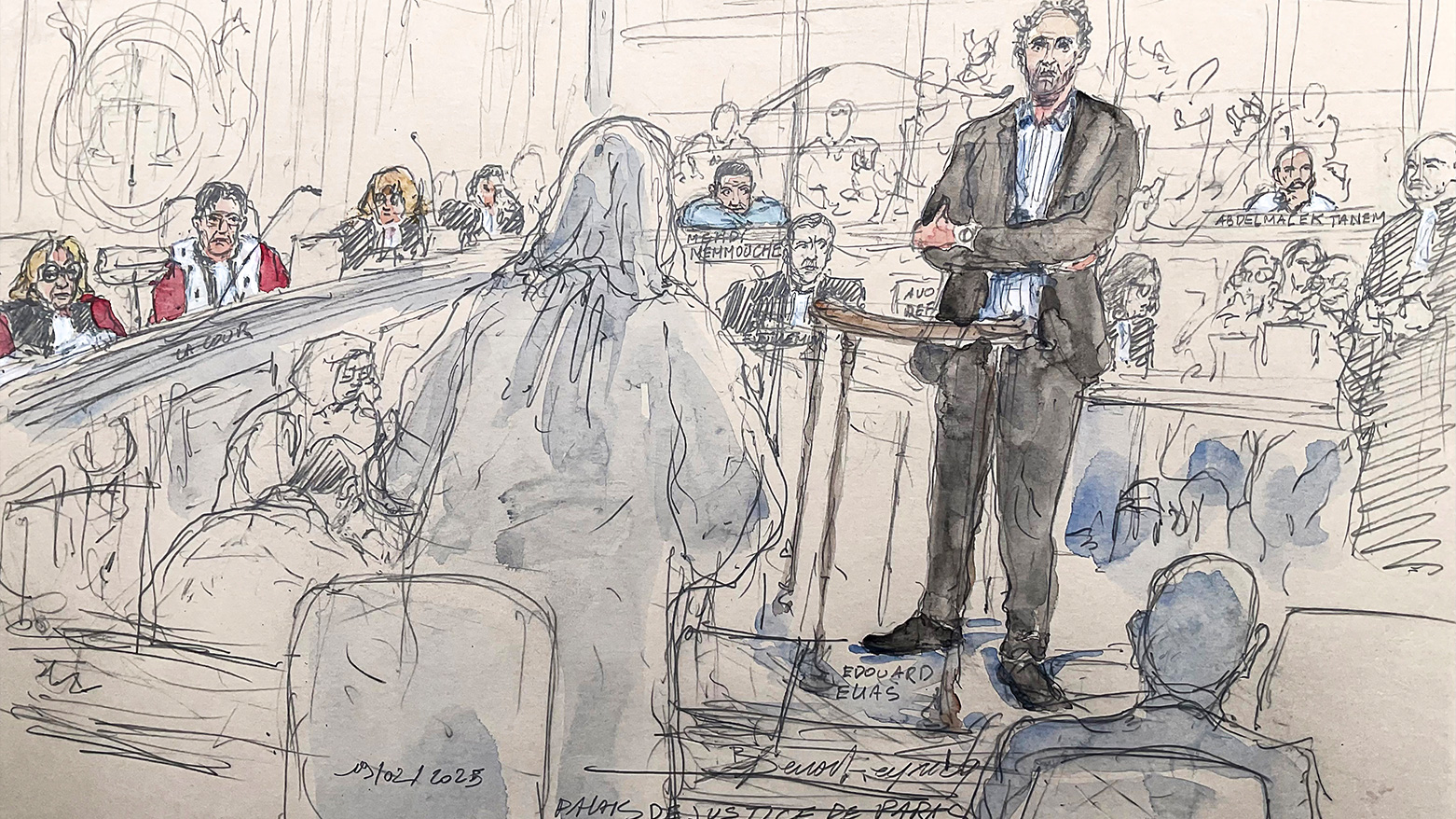 French reporter & former hostage under the ISIS in Syria Edouard Elias (C) speaking during the trial of  convicted Brussels Jewish Museum killer Mehdi Nemmouche (BACK-L). (Photo: AFP)