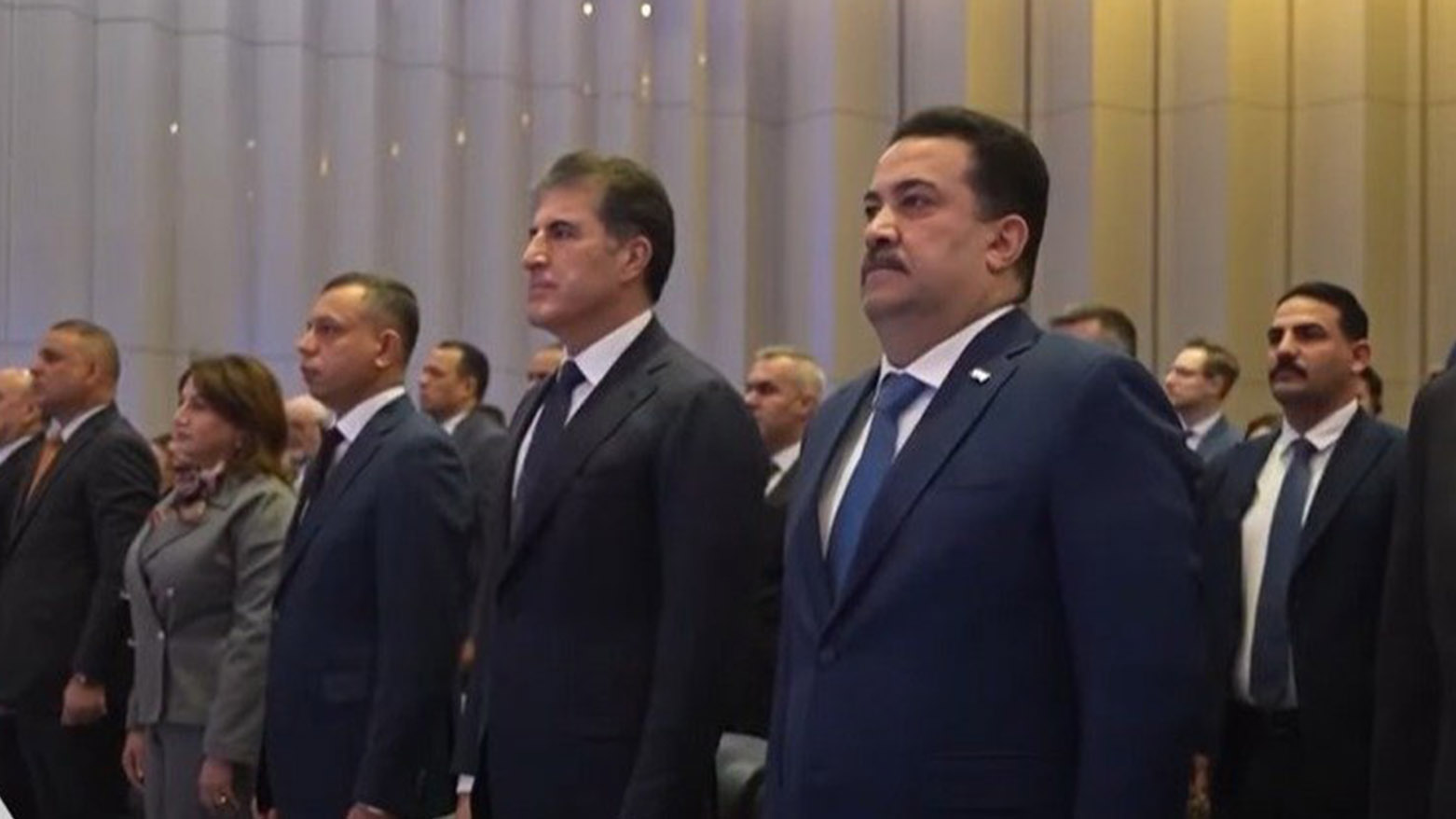 Kurdistan Region President Nechirvan Barzani (M) and Iraqi Prime Minister Mohammed Shia’ Al-Sudani (R), in The Seventh edition of the Baghdad International Dialogue Conference on Feb. 22, 2025. (Photo: Kurdistan24)