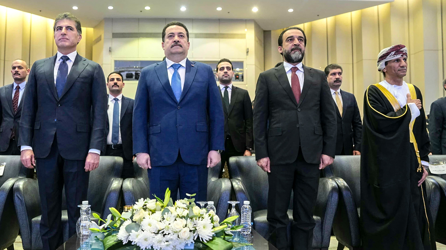 KRP Nechirvan Barzani (L),  Iraqi PM Mohammed Shia al-Sudani (ML), Mohammed al-Halbousi (MR), UN Representative in Iraq, Mohammed Al-Hassan (R). (Photo: INA)