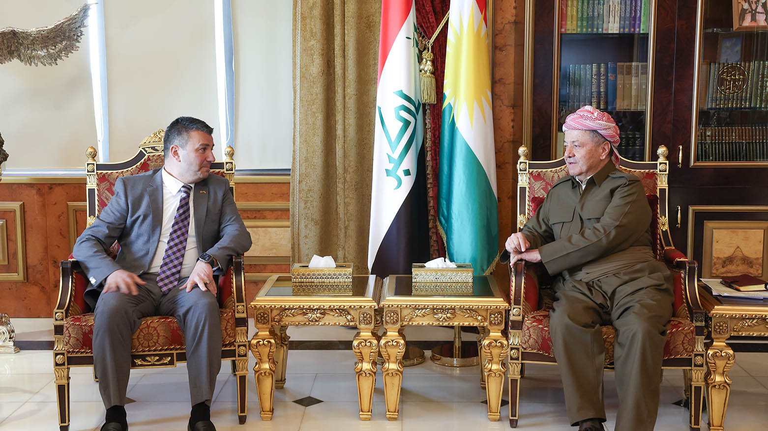 President Masoud Barzani (right), during his meeting with Martin Manna the President of the Chaldean American Chamber of Commerce, Feb. 24, 2025. (Photo: Barzani Headquarters)