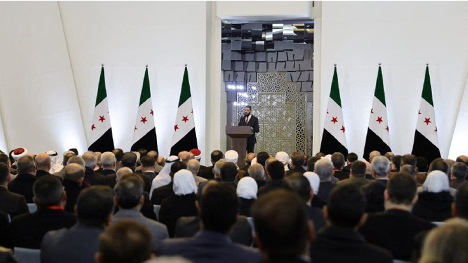 Syria's interim president Ahmed al-Sharaa addressing representatives and dignitaries of Syrian communities during the National Dialogue Conference in Damascus on Feb. 25, 2025. (Photo: SANA)