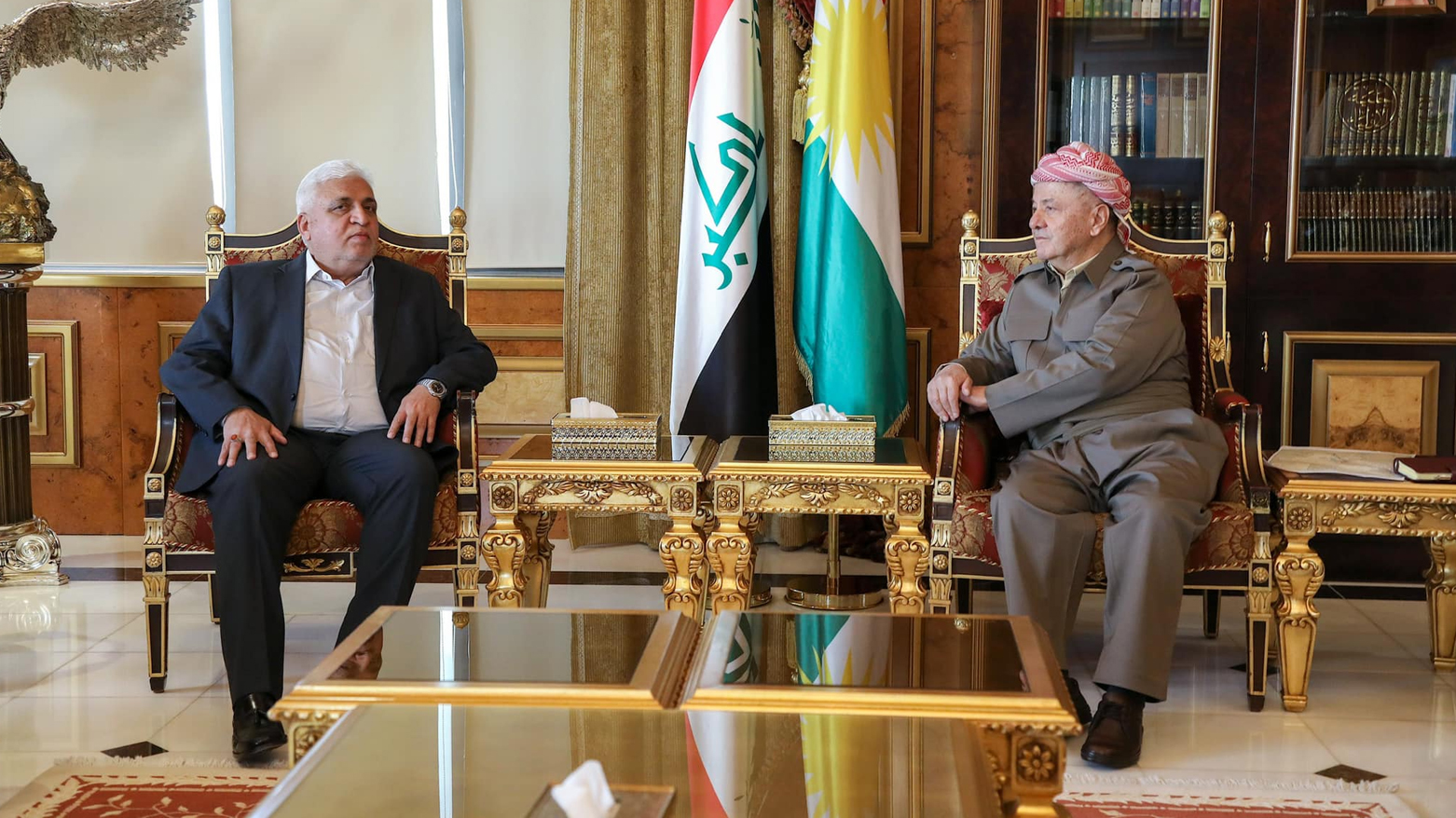 President Masoud Barzani (right) during his meeting with Faleh al-Fayaz, the head of the Popular Mobilization Forces Committee, March 2, 2025. (Photo: Barzani Headquarters)