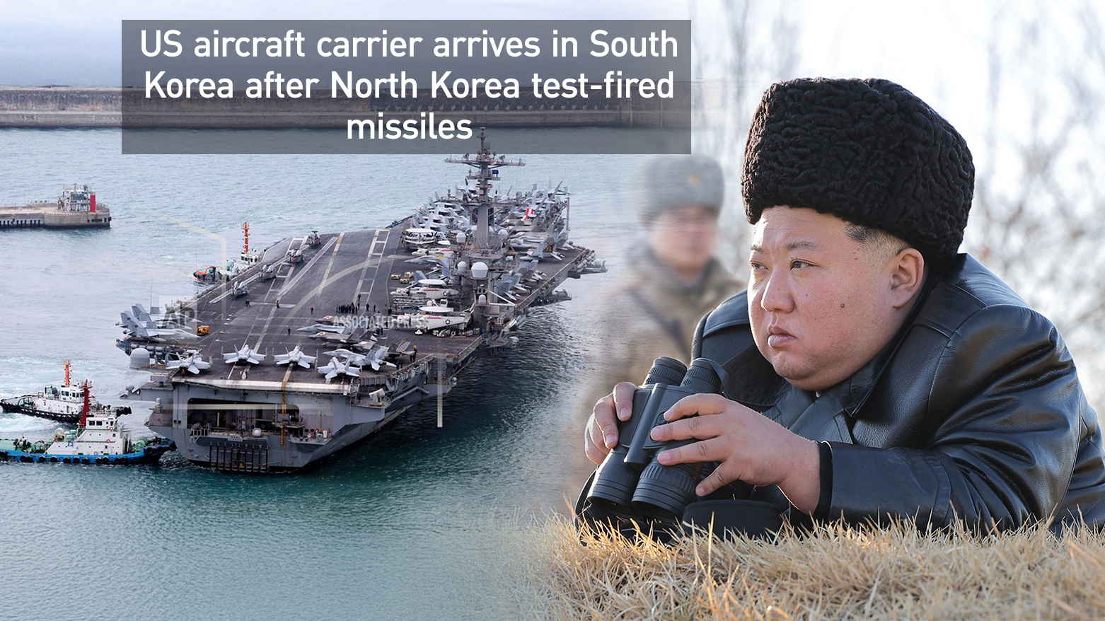 The USS Carl Vinson aircraft carrier at the navy port in Busan, South Korea, (L), Mar. 2, 2025. Kim Jong Un, (R), oversees the test firings of strategic cruise missiles, Feb.28, 2025. (Photos: AP)