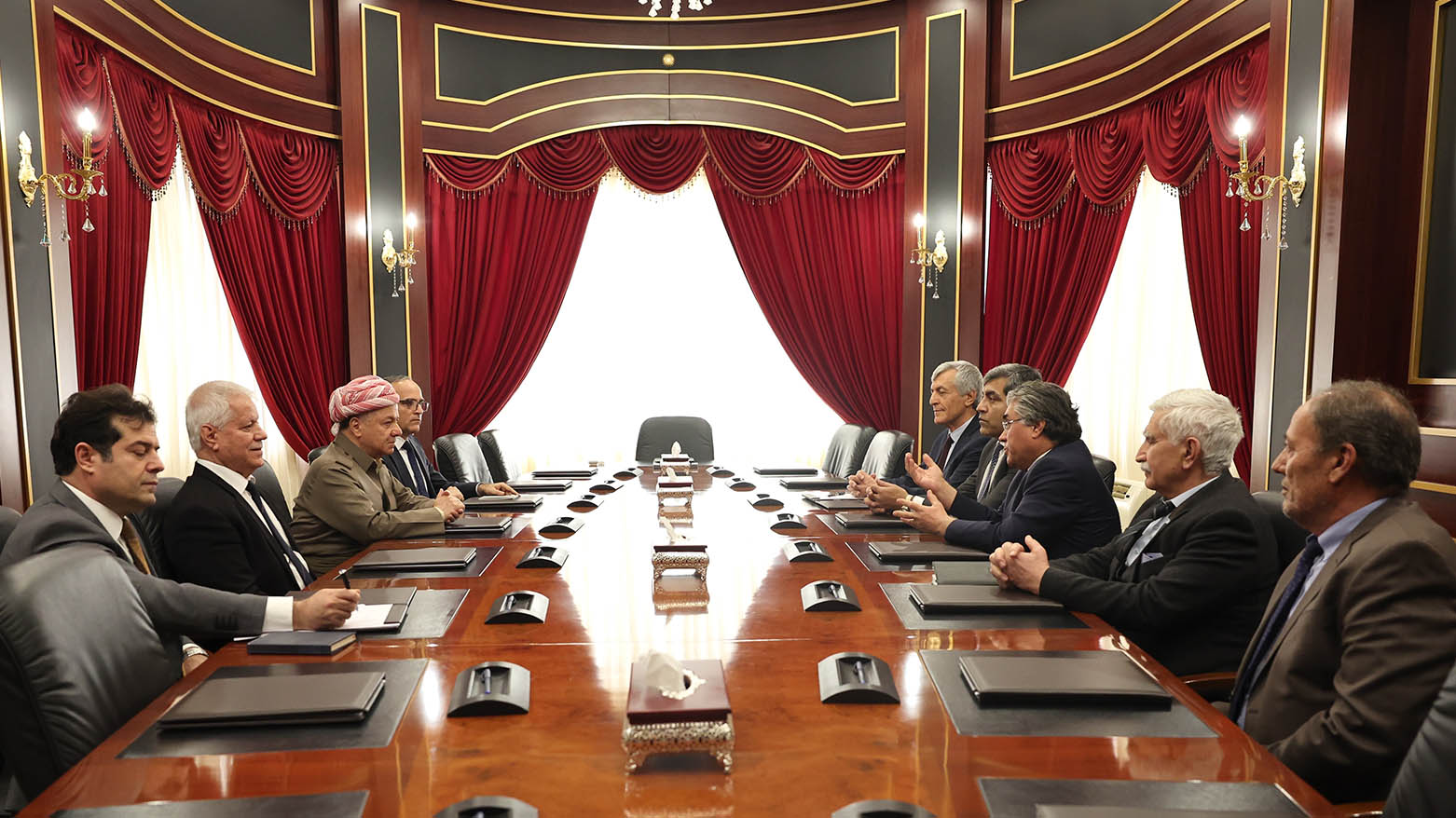 President Masoud Barzani (third from left) during his meeting with a high-level delegation from three pro-Kurdish parties in Turkey, March 3, 2025. (Photo: Barzani Headquarters)