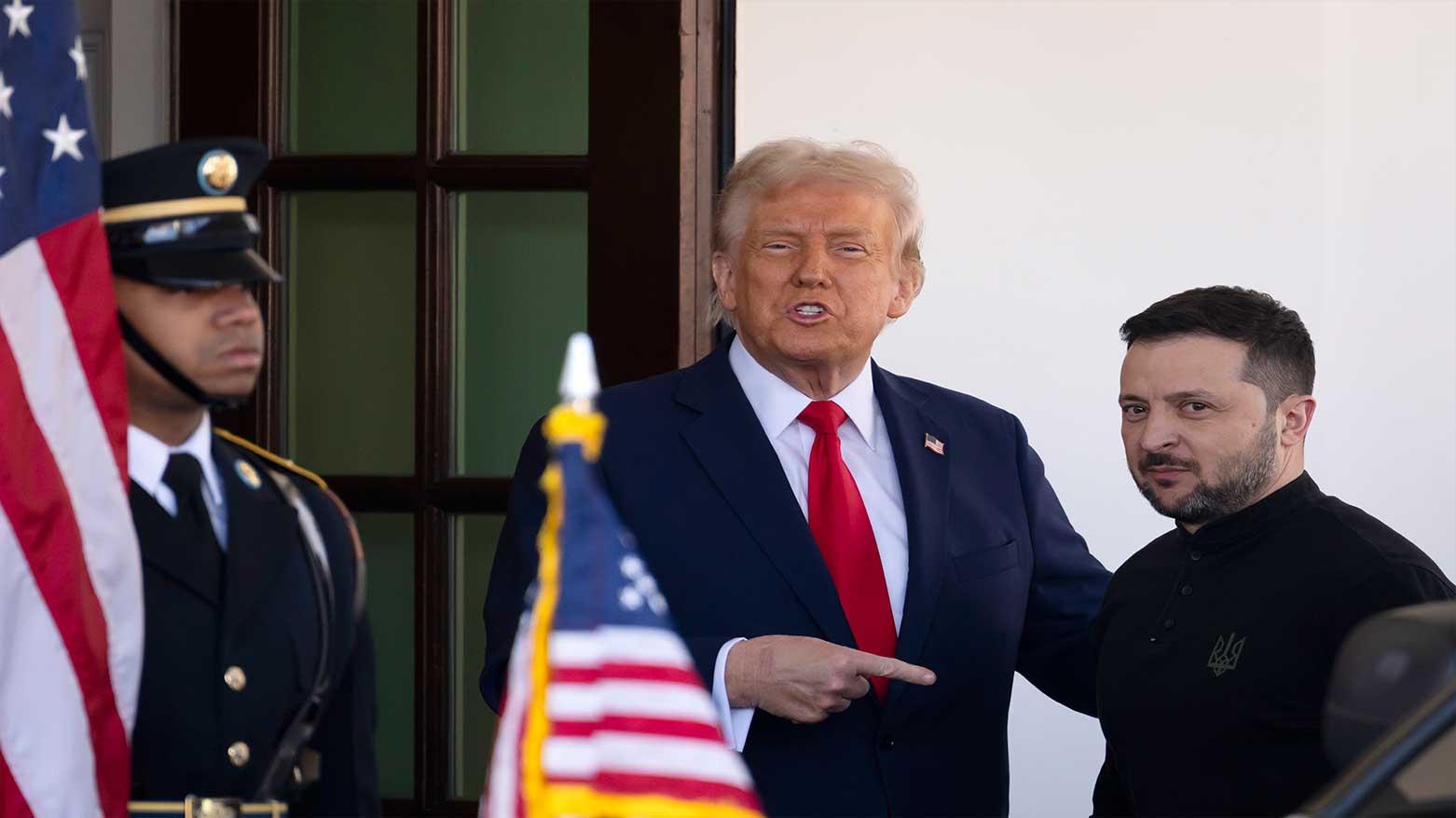 Ukraine President Volodymyr Zelenskyy, right, is greeted by President Donald Trump, center, as he arrives at the White House in Washington, Feb. 28, 2025. (Photo: AP)