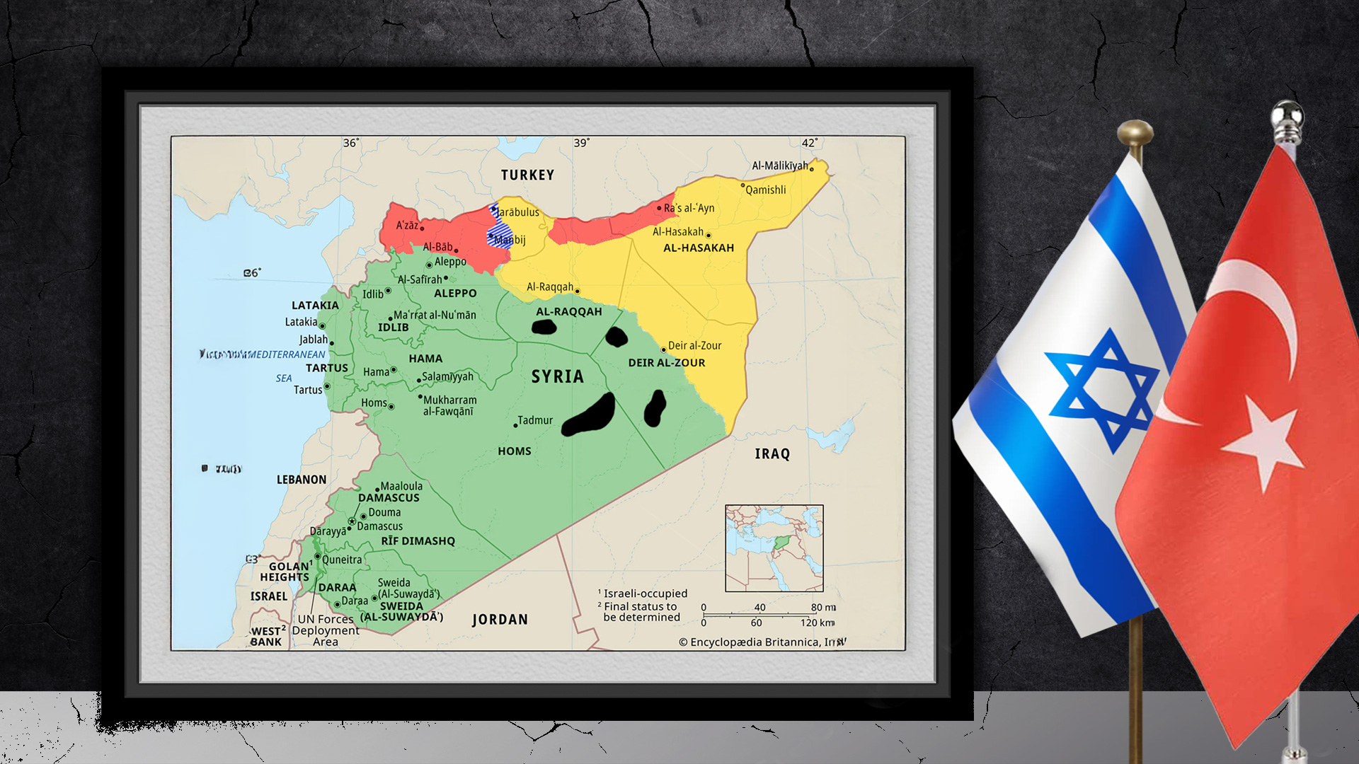 Color coded troops distribution areas on the Syrian map, along side Israel and Turkey's flag.(Photo: Designed by Kurdistan24)