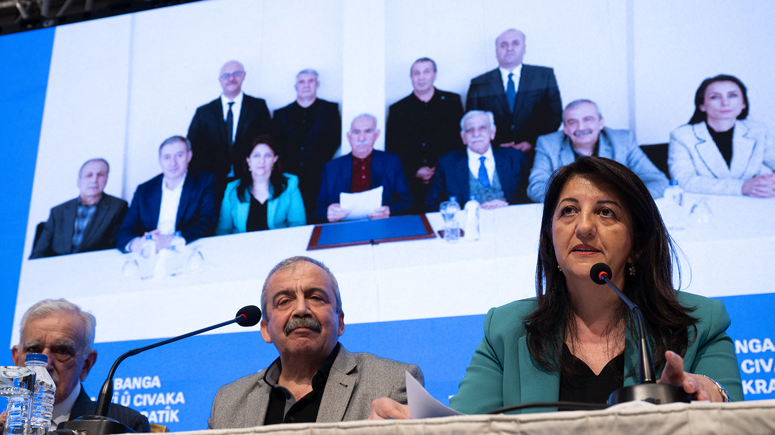 Pervin Buldan (R), MP of Equality and Democracy (DEM) Party reads a statement from jailed Kurdish leader Abdullah Ocalan’s call during the press conference hold by DEM Party officials in Istanbul, on Feb. 27, 2025.(Photo: AFP)