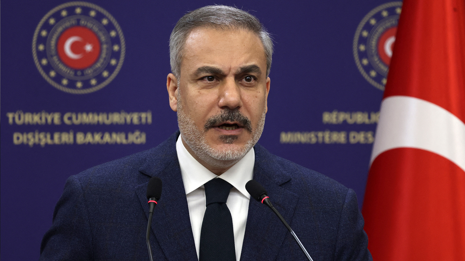 Turkey's FM Hakan Fidan addresses a joint press conference with his Russian counterpart in Ankara on Feb. 24, 2025. (Photo: AFP)