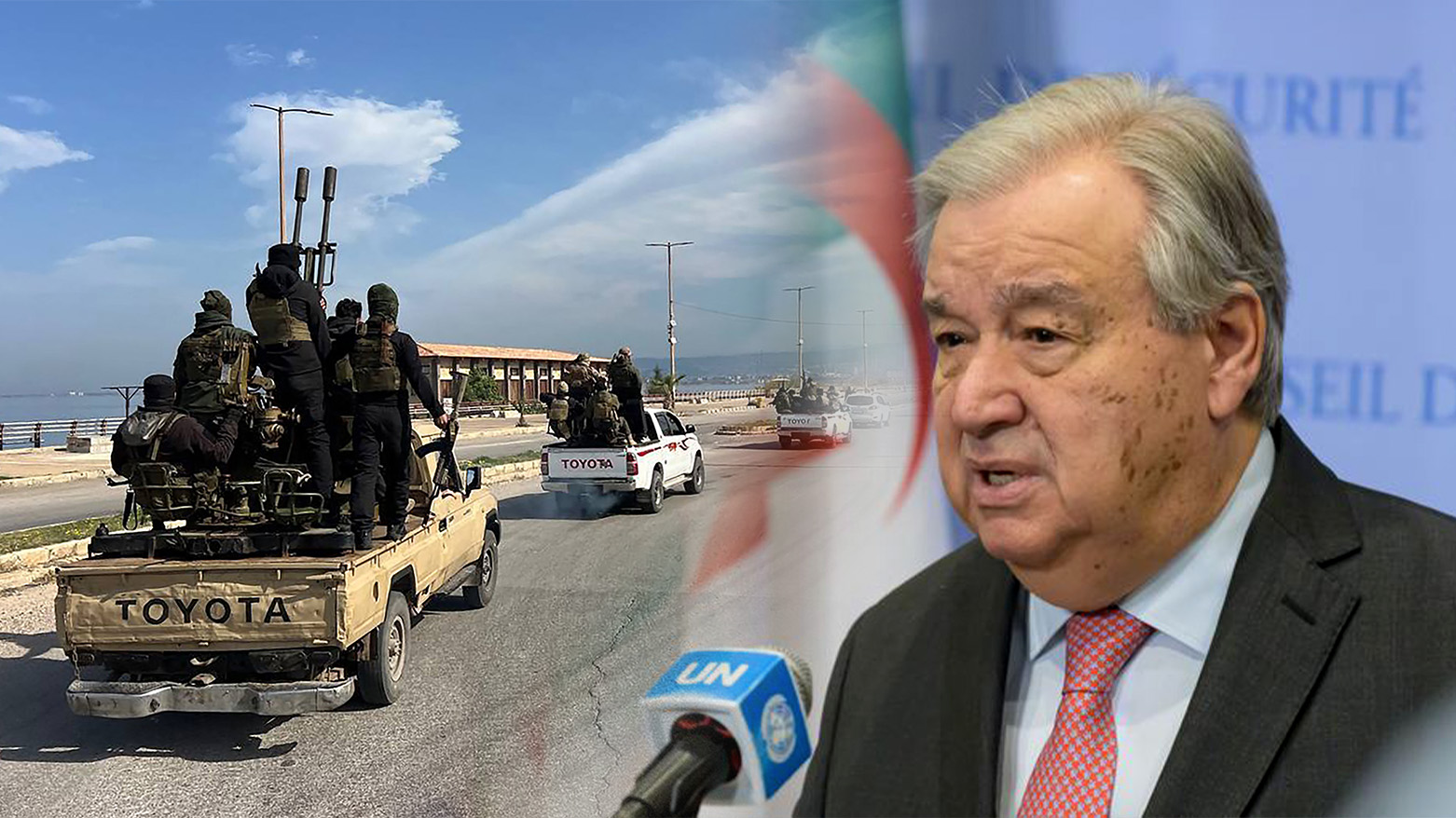 members of the Syrian security forces entering the western city of Baniyas in Syria (L), UN Secretary-General, Antonio Guterres.(R).(Photo: AFP/ UN , Designed by Kurdistan24)