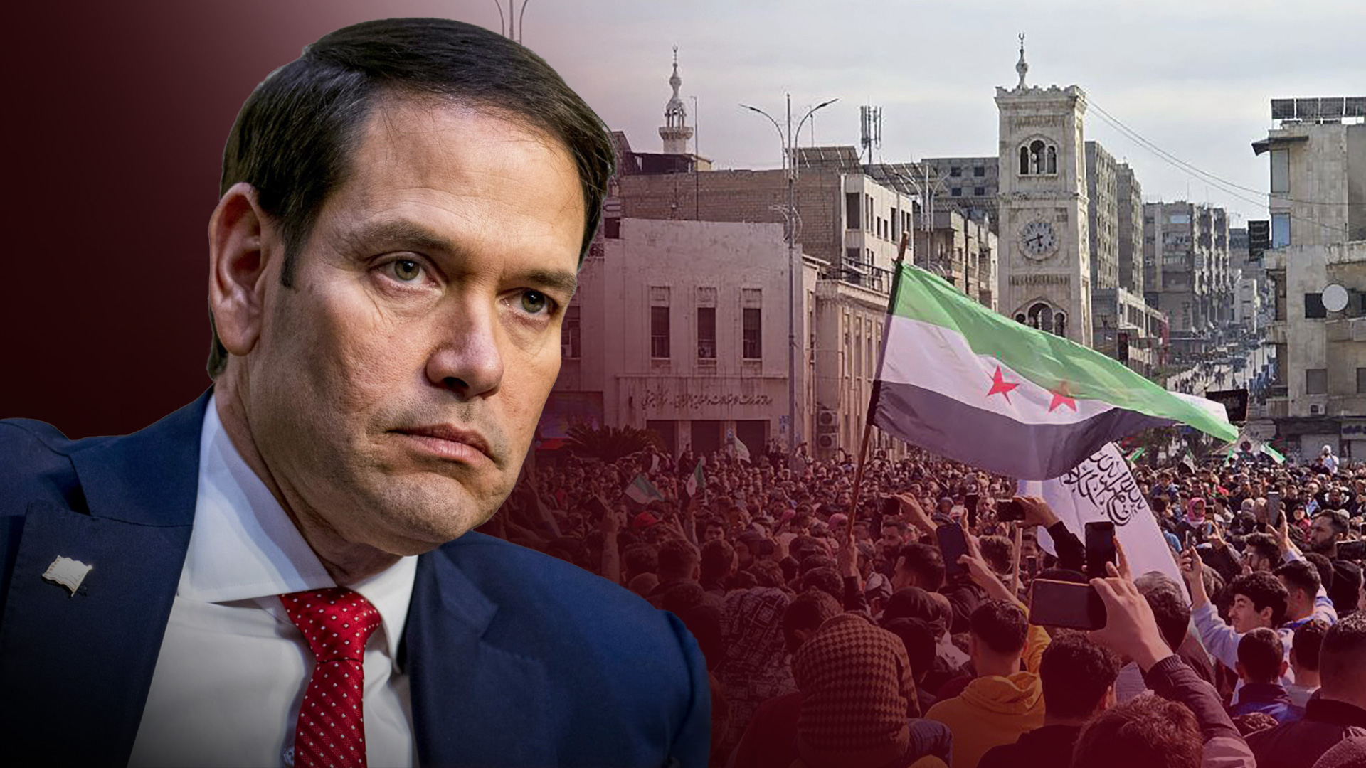 U.S. Secretary of State Marco Rubio, Syrians attending the funeral of people killed in clashes the previous day between government forces and militants loyal to deposed ruler Bashar al-Assad, on Mar. 7, 2025 (Photo: AFP Designed by Kurdistan24)