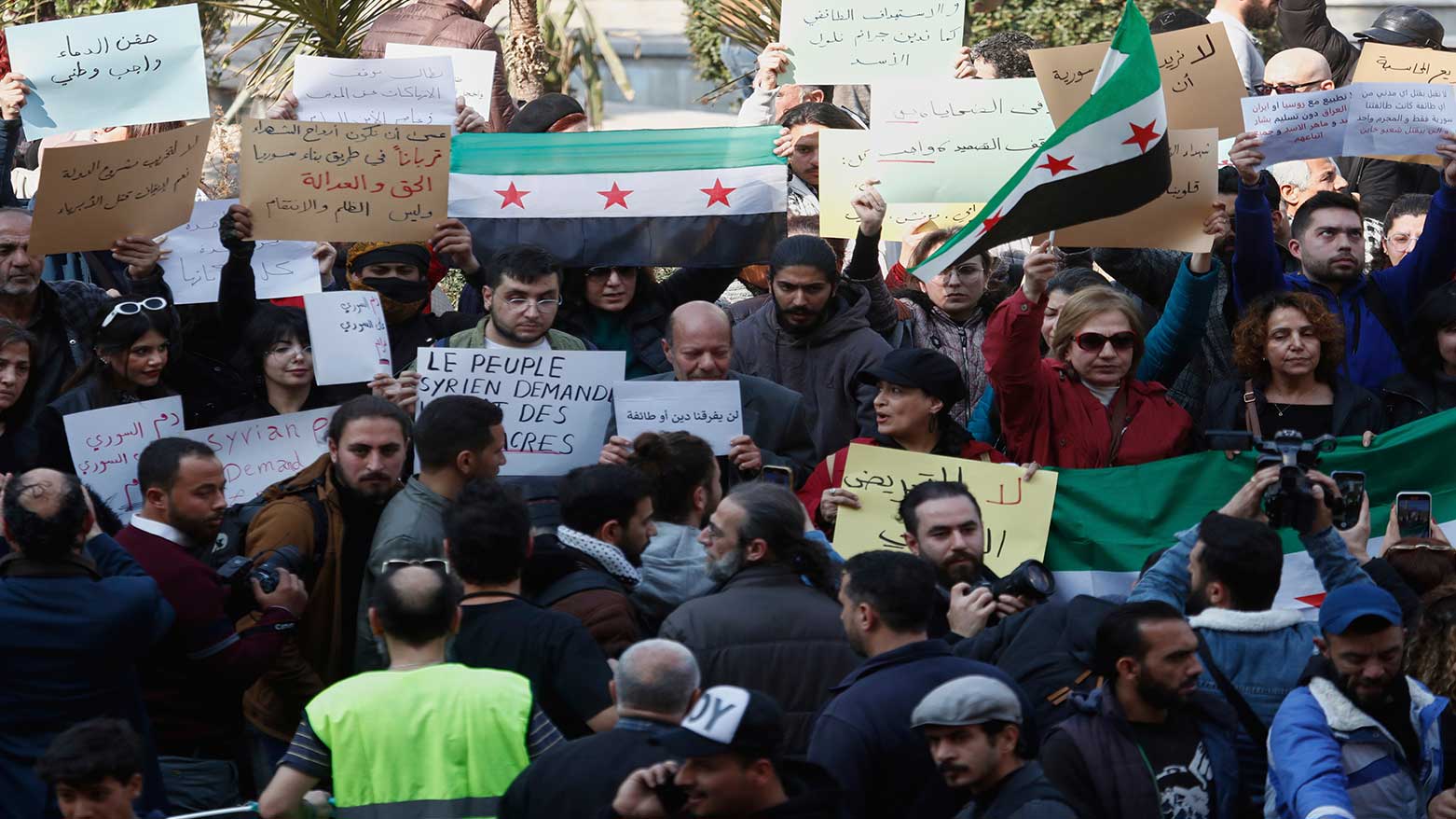 Activists protest against the recent wave of violence and sectarian attacks in Syria's coastal region, in Damascus, Syria, Mar. 9, 2025. (Photo: AP)