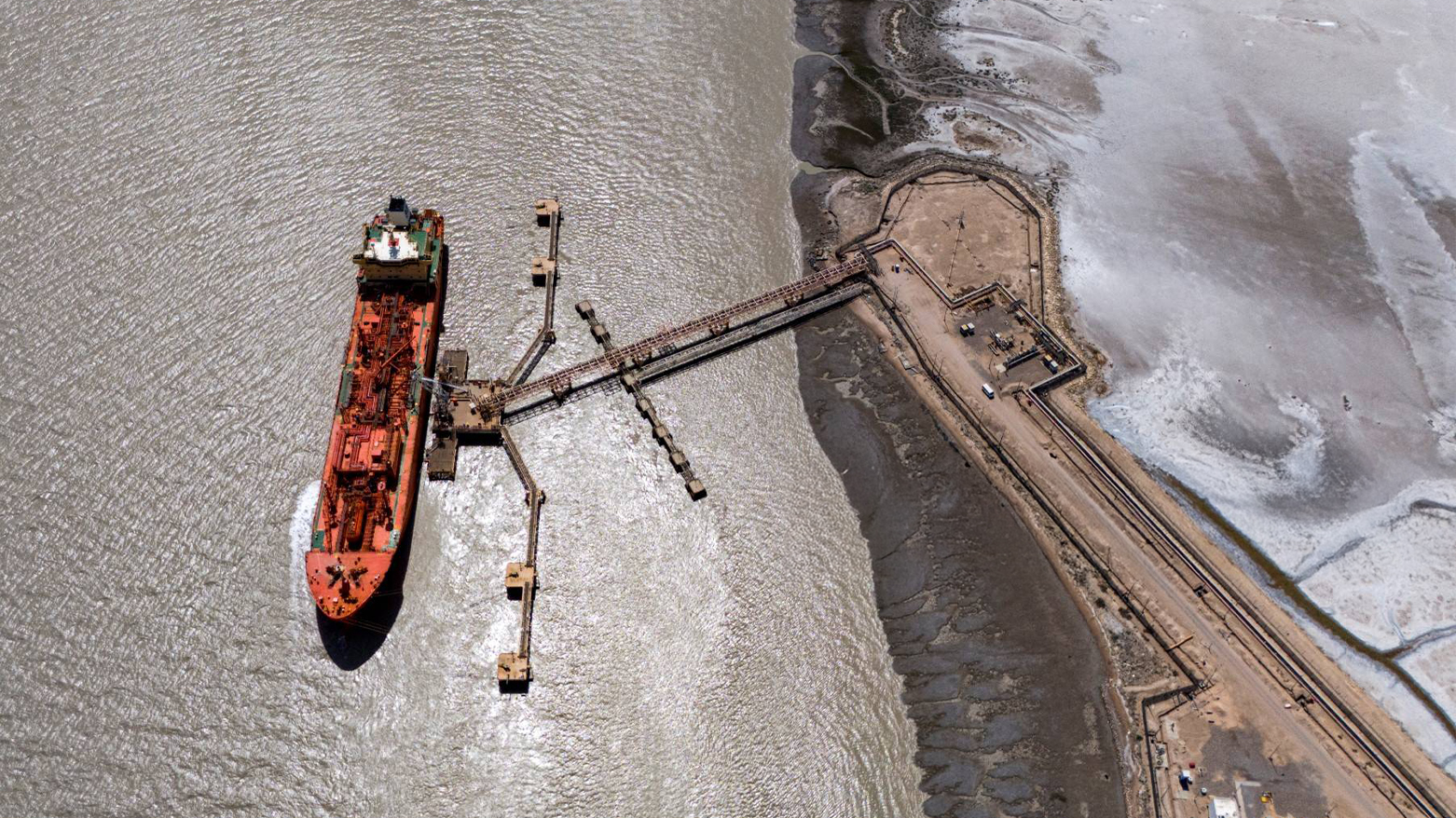 This aerial view shows a LPG tanker at the pier of the liquid gas wharf in Iraq's southern port of Umm Qasr on Sept. 4, 2024. (Photo: Hussein Faleh/AFP)