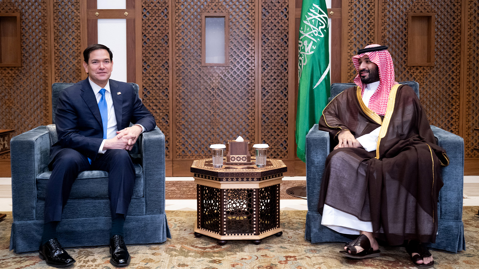 Saudi Crown Prince and Prime Minister Mohammed bin Salman meets with US Secretary of State Marco Rubio on the Royal Palace grounds in Jeddah, Saudi Arabia, on March 10, 2025. (Photo: AFP)