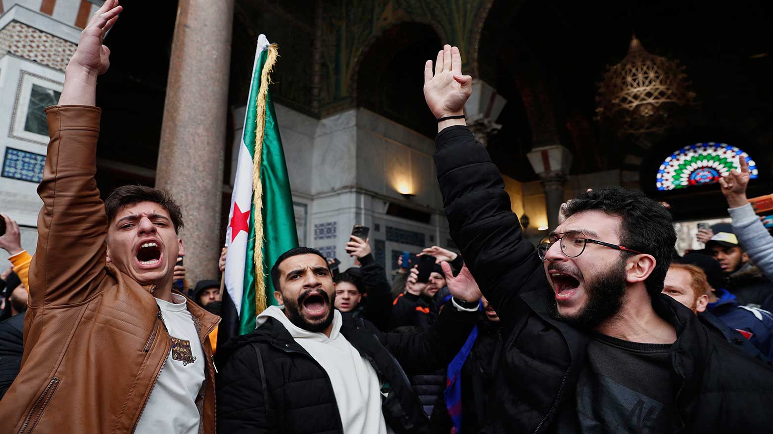 Syrian government supporters shout slogans to show their solidarity with the security forces who are fighting against gunmen loyal to former President Bashar Assad during a protest in Damascus, Syria, Mar. 7, 2025. (Photo: AP)