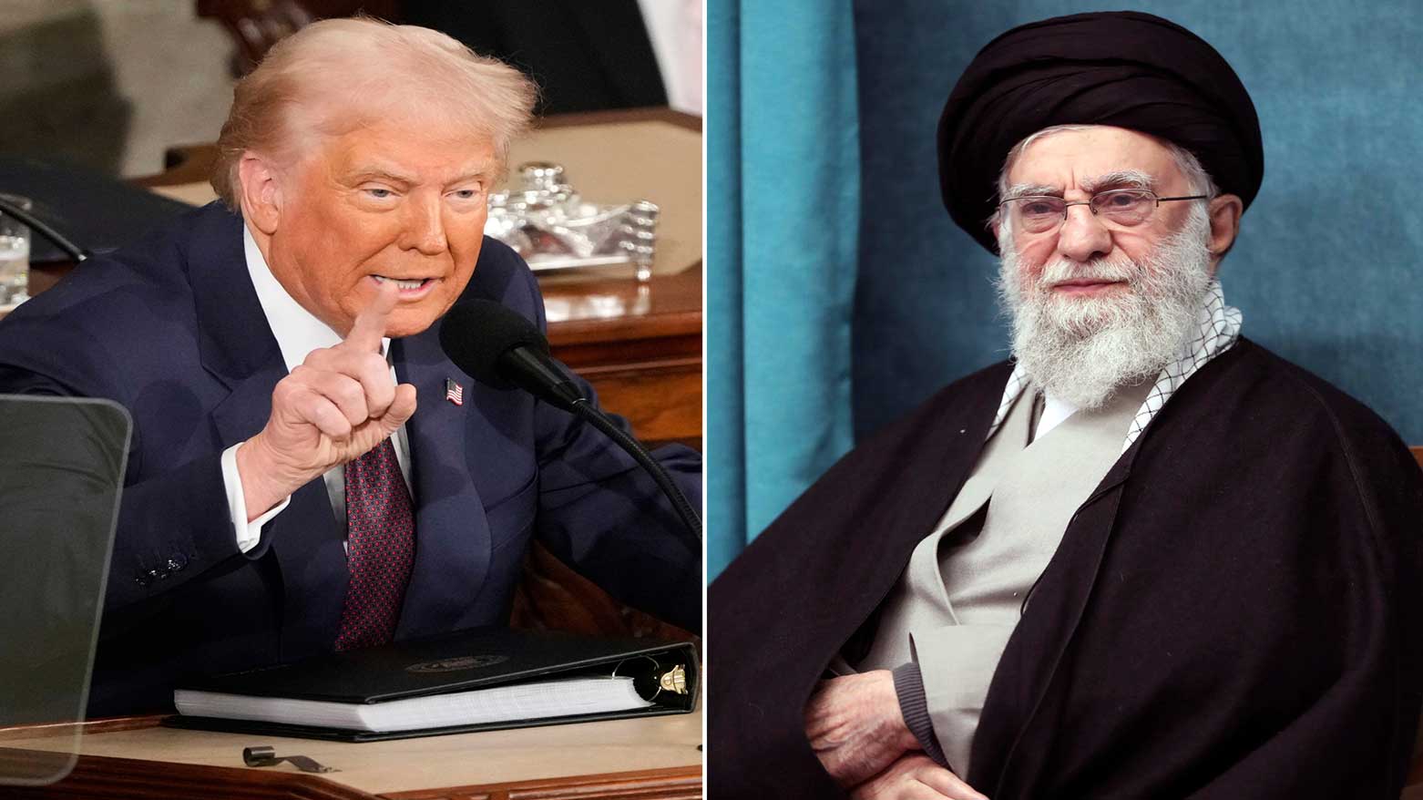 This combo of pictures show President Trump, (L), addressing a joint session of Congress, Mar. 4, 2025, and a handout of Supreme Leader Ayatollah Ali Khamenei attending a ceremony in Tehran, Iran, Mar. 8, 2025. (Photo: AP)