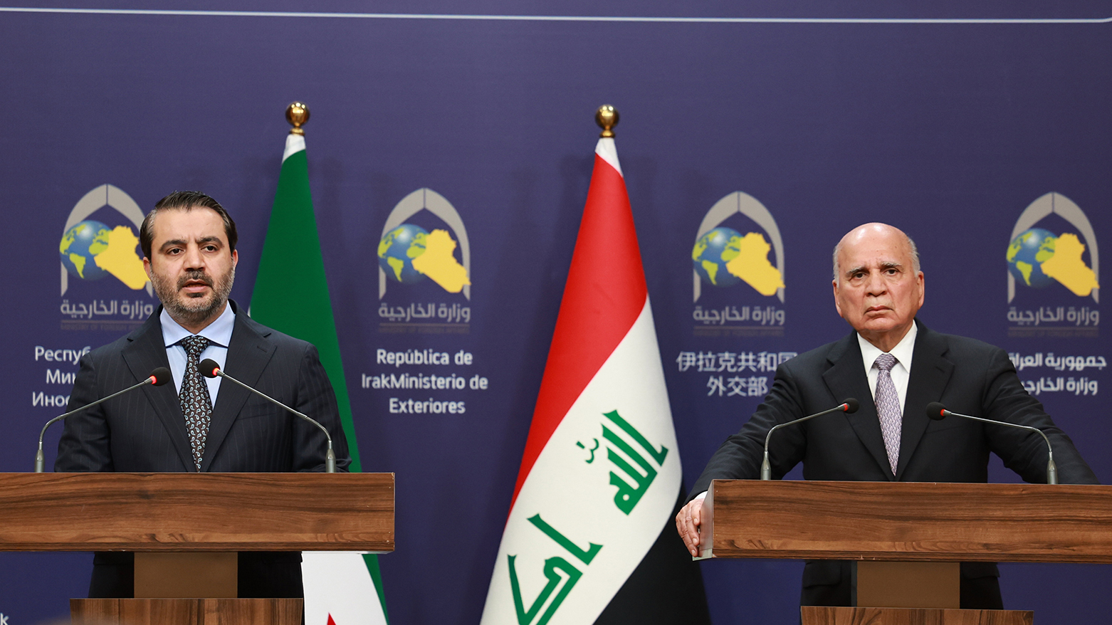 Iraqi Foreign Minister Fuad Hussein(R), and Syrian Foreign Minister Asaad al-Shaibani (L), at a press conference in Baghdad, Mar, 14. 2025.(Photo: AA)