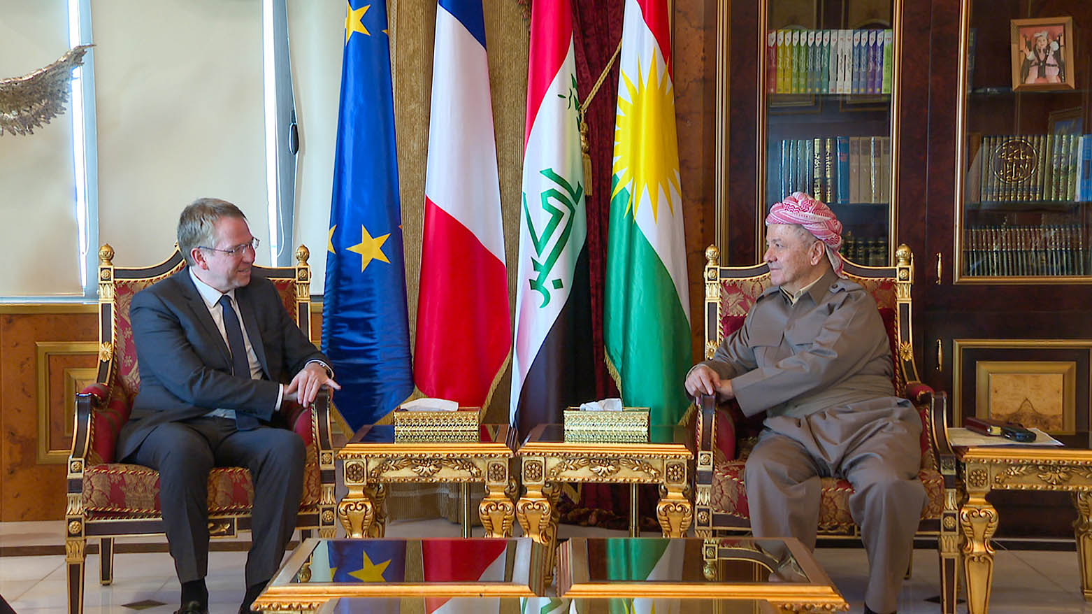 President Masoud Barzani (right) during his meeting with French Ambassador to Iraq Patrick Durel, March 17, 2025. (Photo: Barzani Headquarters)