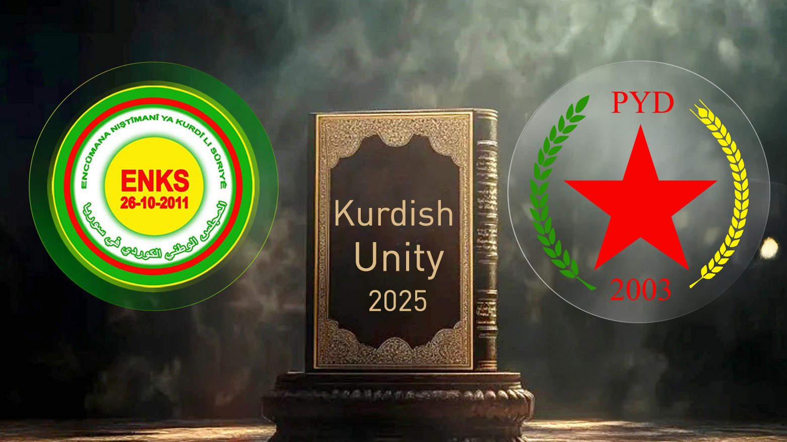 Graphic Designed by Kurdistan 24 showing KNCS logo (L), and PYD logo (R).