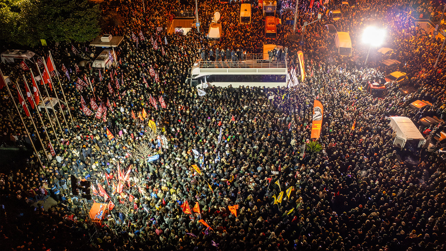 This handout photograph taken and released by the Republican People's Party press office, shows an aerial view of the crowd during a demonstration in front of Istanbul Metropolitan Municipality headquarter in Istanbul. on March 19, 2025. (Photo: AFP)