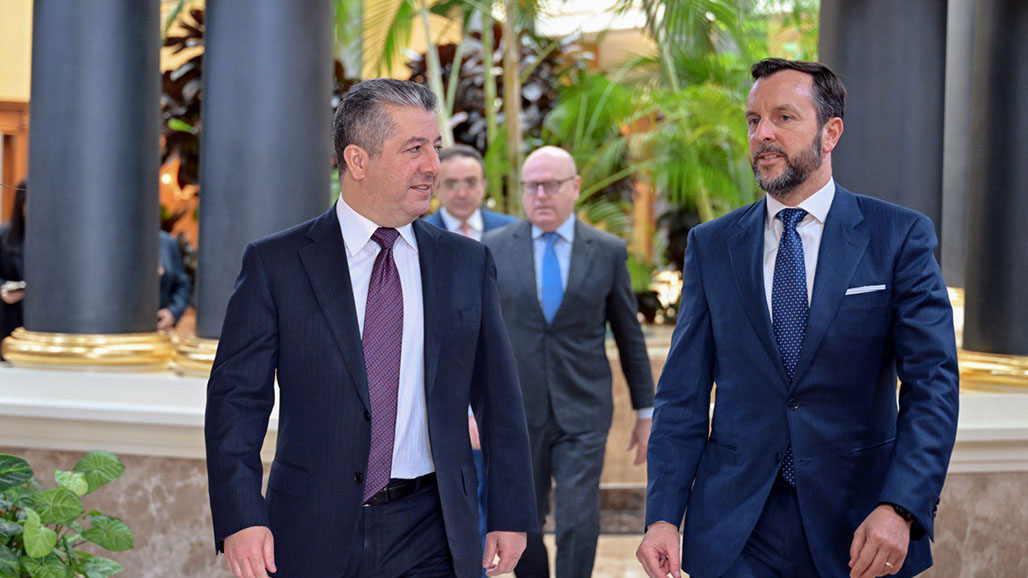 Kurdistan Region Prime Minister Masrour Barzani, welcoming Nicolò Fontana, the Italian Ambassador to Iraq, Erbil, Kurdistan Region, March 20, 2025. (Photo: KRG)