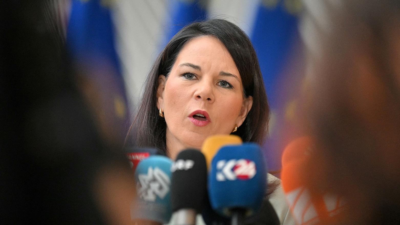 Germany's Foreign Minister Annalena Baerbock addresses media representatives as she arrives for an European Union Foreign Affairs Council Meeting at The Europa Building in Brussels on Mar. 17, 2025. (Photo: AFP)