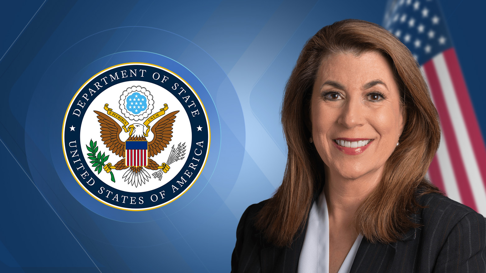 The American Department state Logo, State Department spokesperson Tammy Bruce. (graphic: Designed by Kurdistan24)