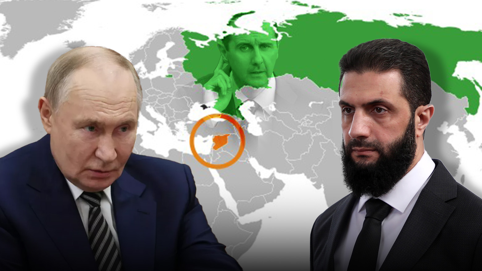 the map of the world where Russian & Syria are highlighted, Russian President Vladimir Putin (L), Interim Syrian President Ahmad al-Sharaa (R), Bashar al-Assad (M).(Graphic: Designed by Kurdistan24)