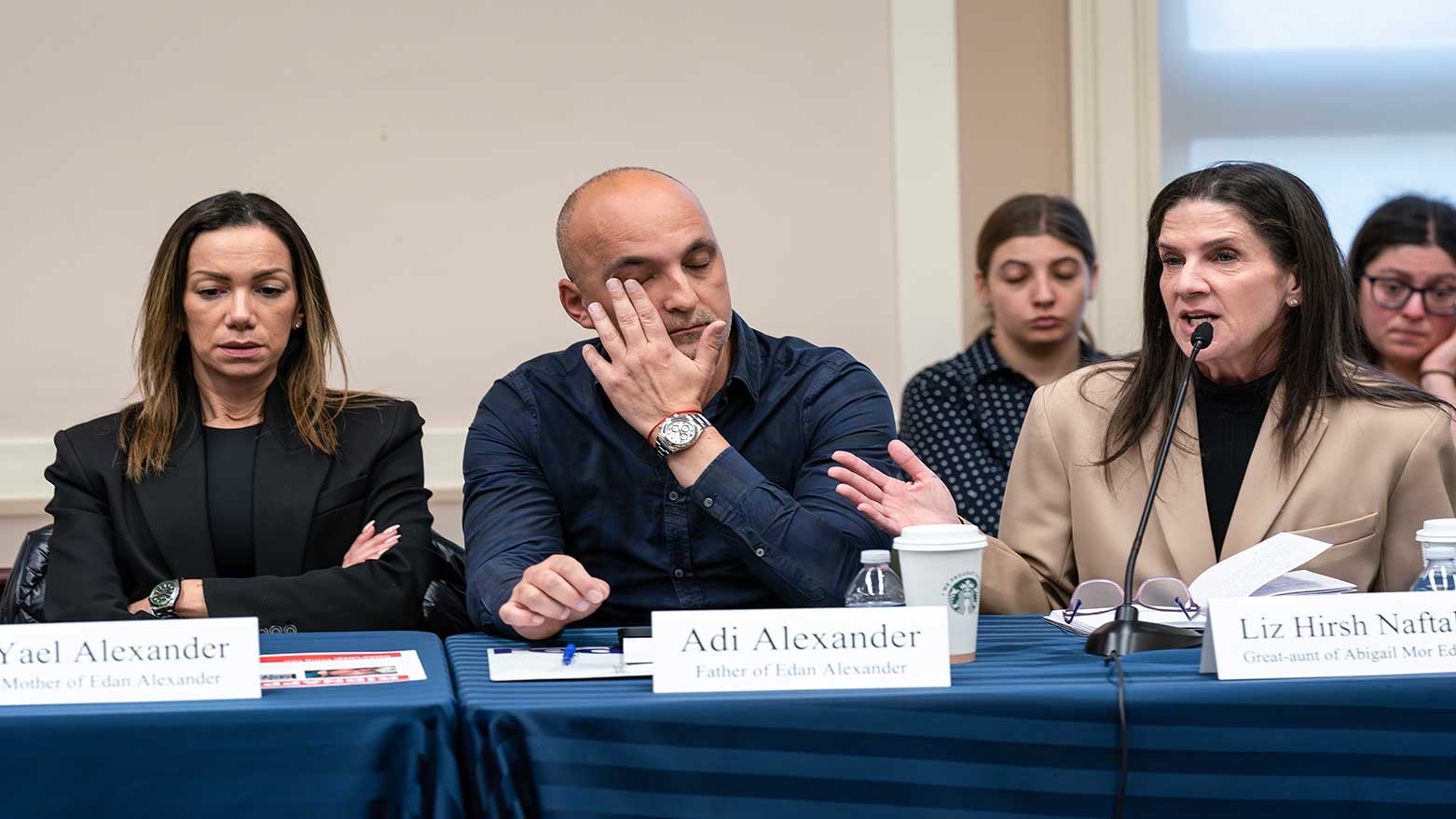 From left, Yael and Adi Alexander, parents of Eden Alexander, with victims of the Hamas attacks meeting with the House Foreign Affairs Committee, at the Capitol in Washington, Nov. 29, 2024. (Photo: AP)