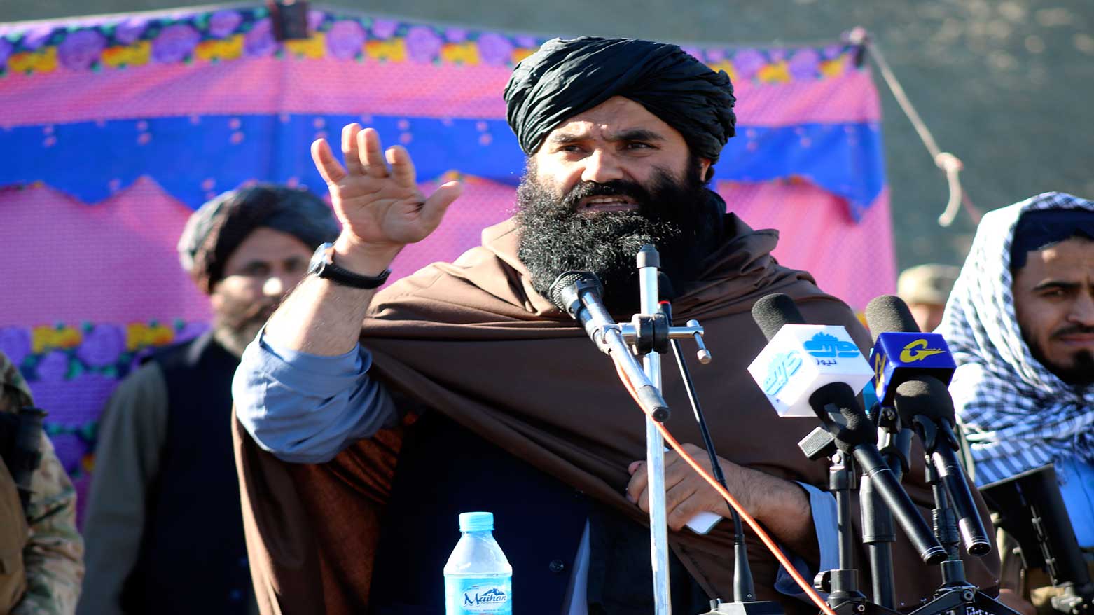 Acting Interior Minister Sirajuddin Haqqani, speaks during the funeral prayers of Khalil Haqqani, the minister for refugees and repatriation, during his funeral procession in eastern Paktia province, Afghanistan, Dec. 12, 2024. (Photo: AP)