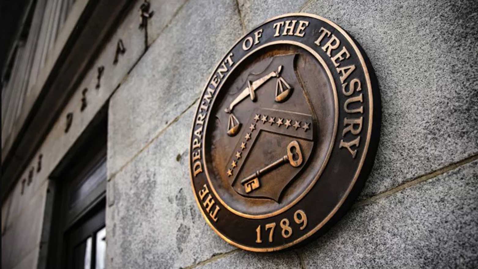 The Department of the Treasury's seal outside the Treasury Department building in Washington on May 4, 2021. (Photo: AP)