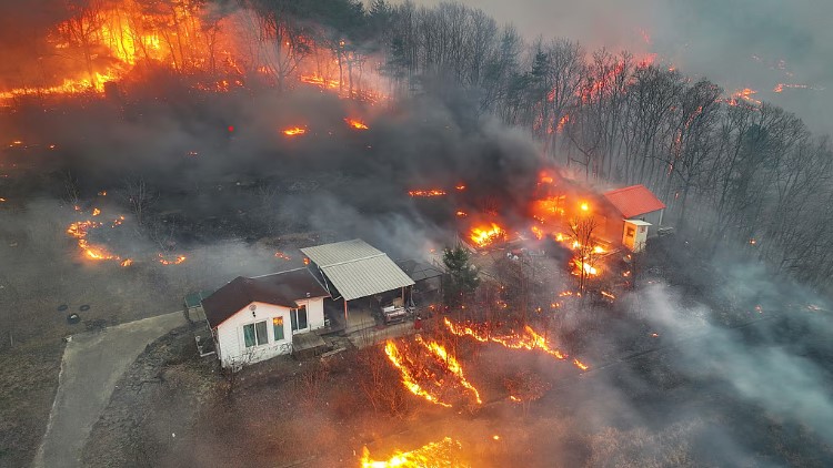 Houses burn in a village after being engulfed by a wildfire fueled by strong winds in Uiseong, South Korea, Monday, March 24, 2025. (Photo: AP)