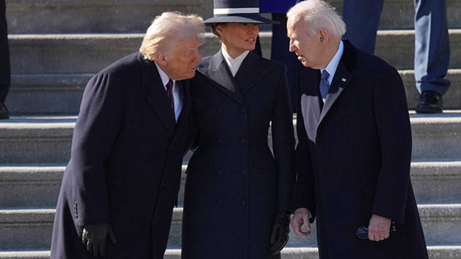 President Trump, left, and first lady Melania Trump, center, speak with former President Joe Biden, Jan. 20, 2025, at the U.S. Capitol in Washington. (Photo: AP)