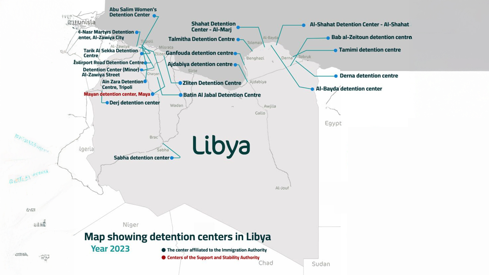 Map showing detention centers in Libya.(Photo: Bellaady for Human Rights)