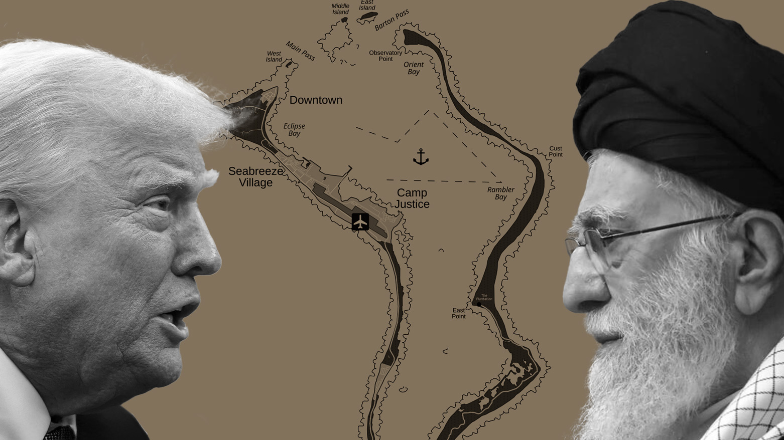 The U.S. President Donald Trump (L) and the Iranian Supreme Leader Ayatollah Ali Khamenei (R) with a map of Diego Garcia naval base at the background. (Graphics: Kurdistan24)