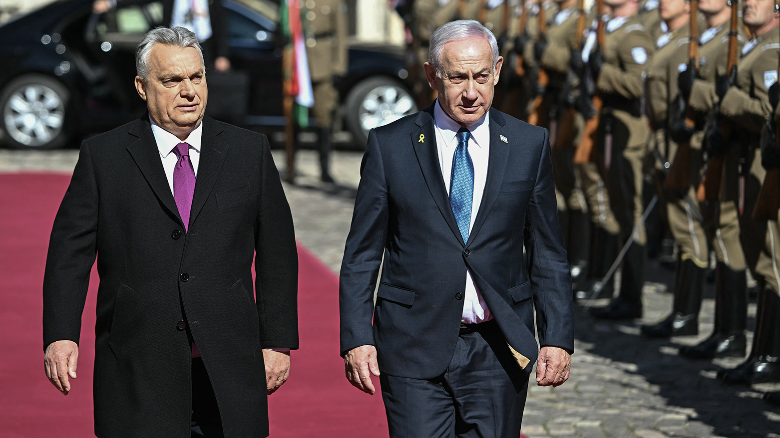 Hungary's Prime Minister Viktor Orban (R) and Israeli Prime Minister Benjamin Netanyahu review a military honor guard on Apr. 3, 2025 in Budapest, Hungary. (Photo: AFP)