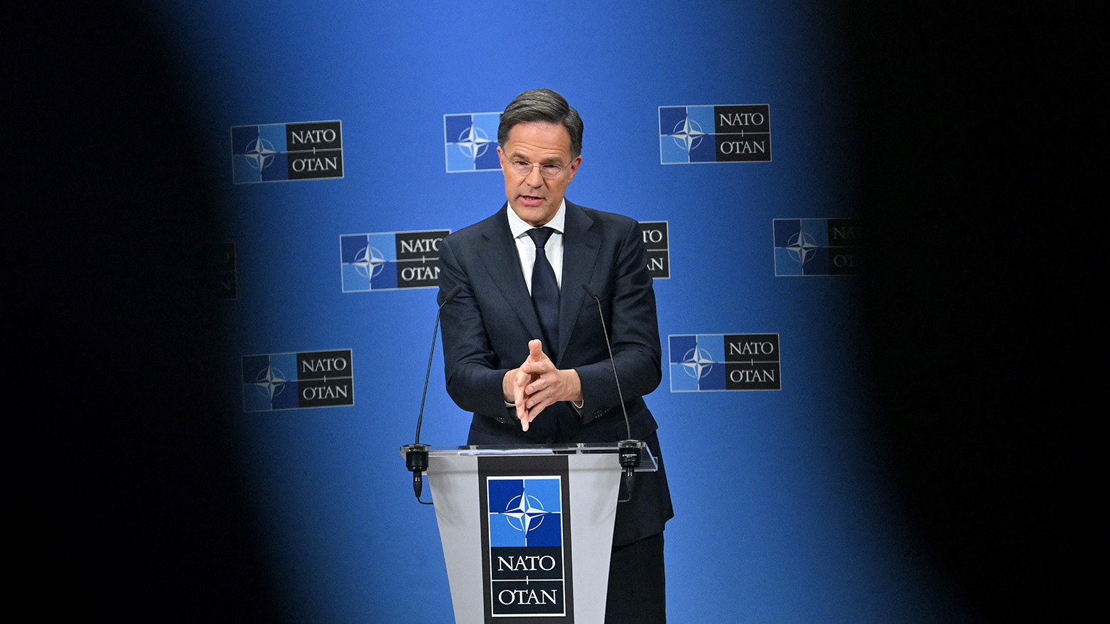 NATO Secretary General Mark Rutte addresses the audience during a final press conference as part of the meeting of North Atlantic Treaty Organization (NATO) Ministers of Foreign Affairs at NATO's headquarters in Brussels on Apr. 4, 2025. (Photo: AFP)