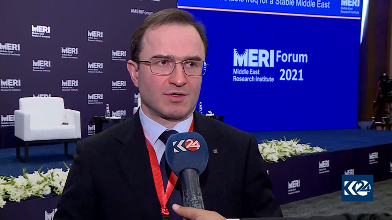 Russian Ambassador to Iraq Elbrus Kutrashev speaks to Kurdistan 24 at the sidelines of MERI Forum 2021 in Erbil, Oct. 27, 2021. (Photo: Screengrab/Kurdistan24)