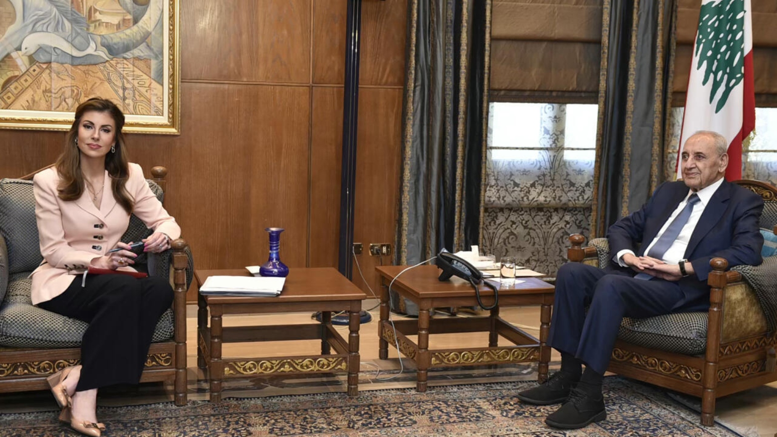 نبیه بری رئیس پارلمان لبنان در دیدار با مورگان اورتگاس معاون دستیاری ویژ‌یی رئیس جمهوری آمریکا در امور خاورمیانه