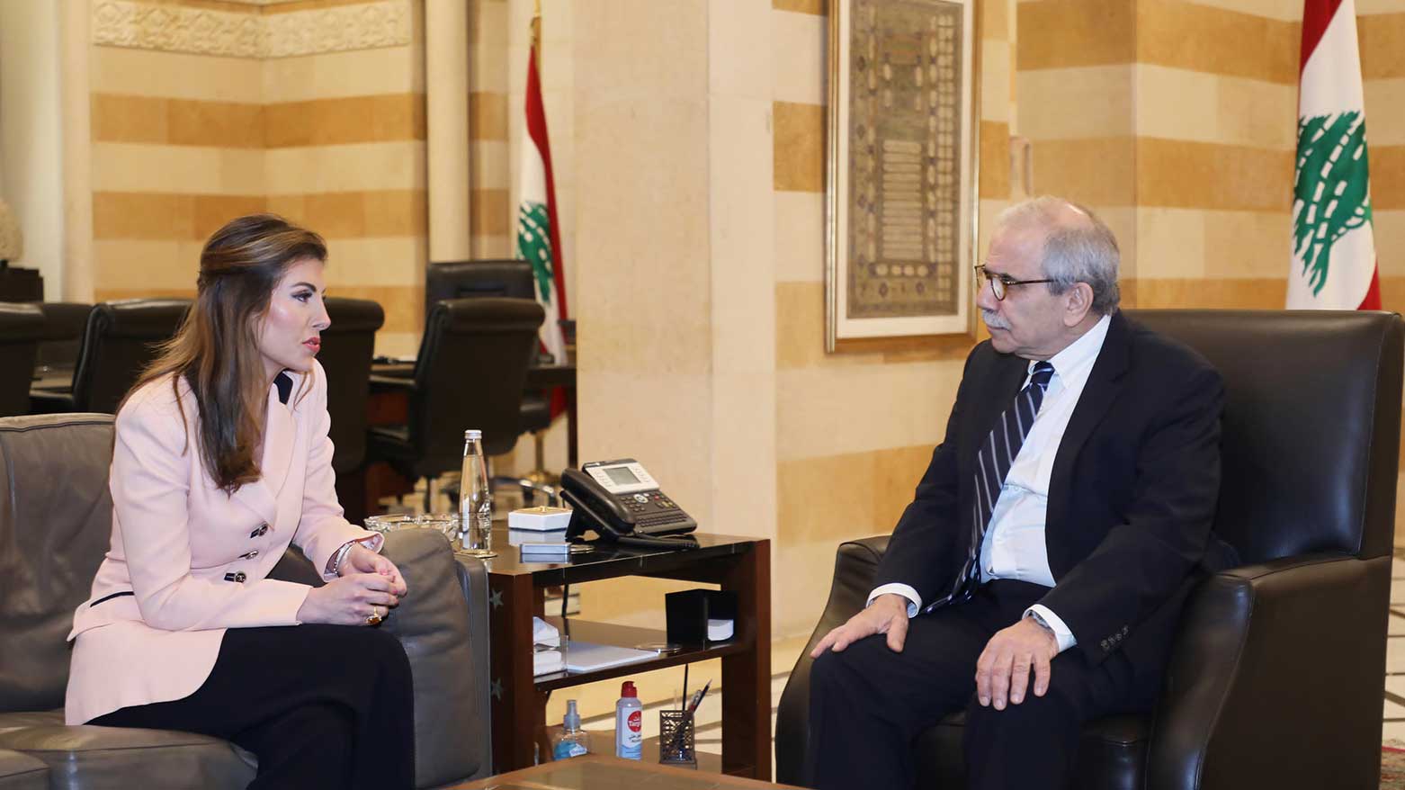 Lebanese PM Nawaf Salam, right, meets with U.S. deputy special envoy for Middle East peace Morgan Ortagus at the government palace in Beirut, Lebanon, April 5, 2025. (Photo: Lebanese Gov.)